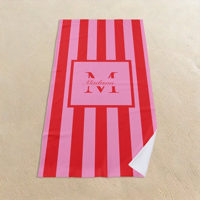 Retro Aesthetic Pink Red Personalized Monogram  Beach Towel (Creator Uploaded)