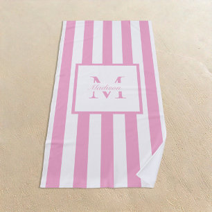 Retro Aesthetic Pink White Personalized Monogram Beach Towel
