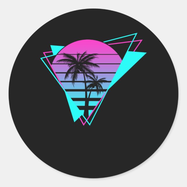Retro Aesthetic Vaporwave Geometric Palm Trees Classic Round Sticker (Front)