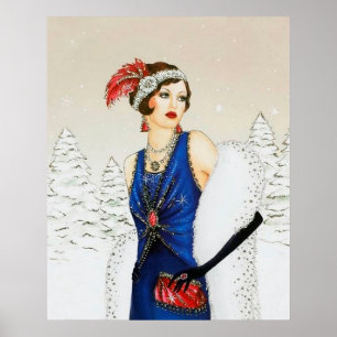 Rétro affiche vintage de dame d'art déco de Noël