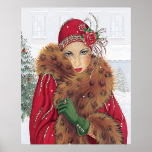 Rétro affiche vintage de dame d'art déco de Noël