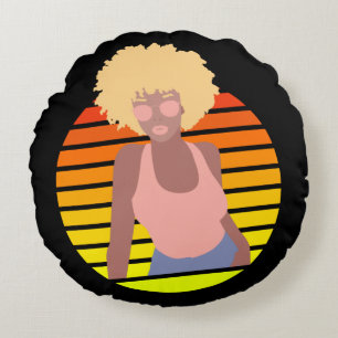 RETRO AFRO QUEEN - AFRO AMERICAN QUEEN ROUND PILLOW