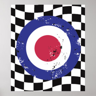 Retro aged mod target on check background poster
