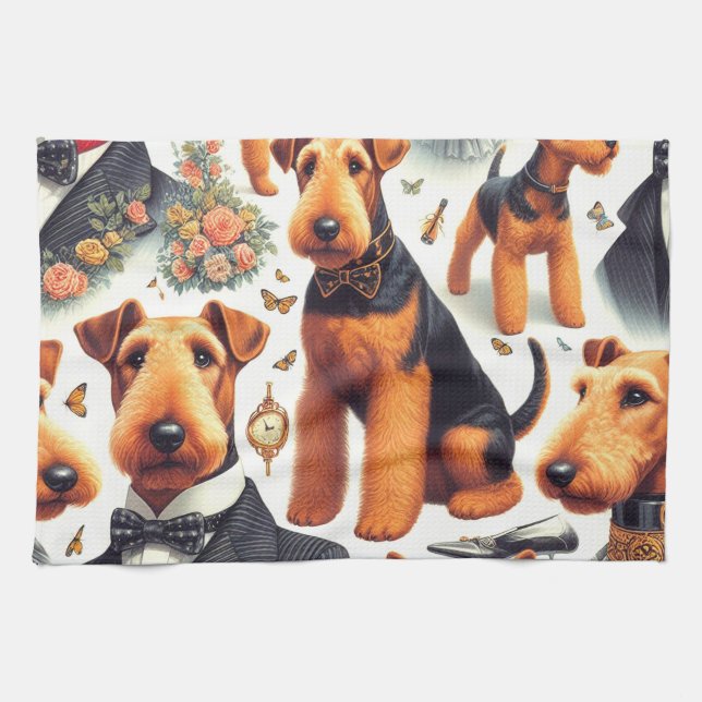 Retro Airedale Terrier Seamless Kitchen Towel (Horizontal)