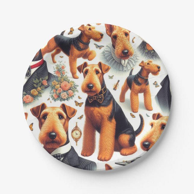Retro Airedale Terrier Seamless Paper Plate (Front)