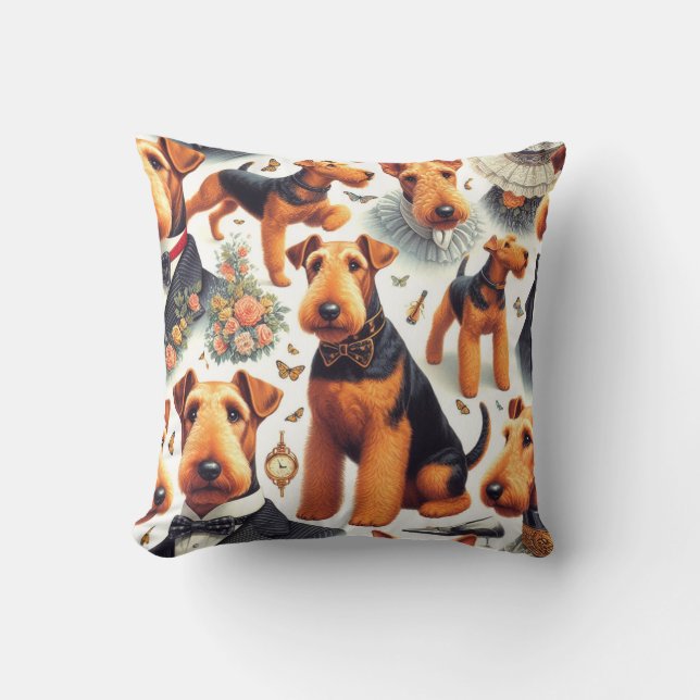 Retro Airedale Terrier Seamless Throw Pillow (Front)