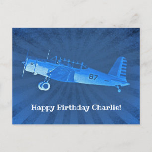 Retro Airplane #87 Blue Happy Birthday Postcard