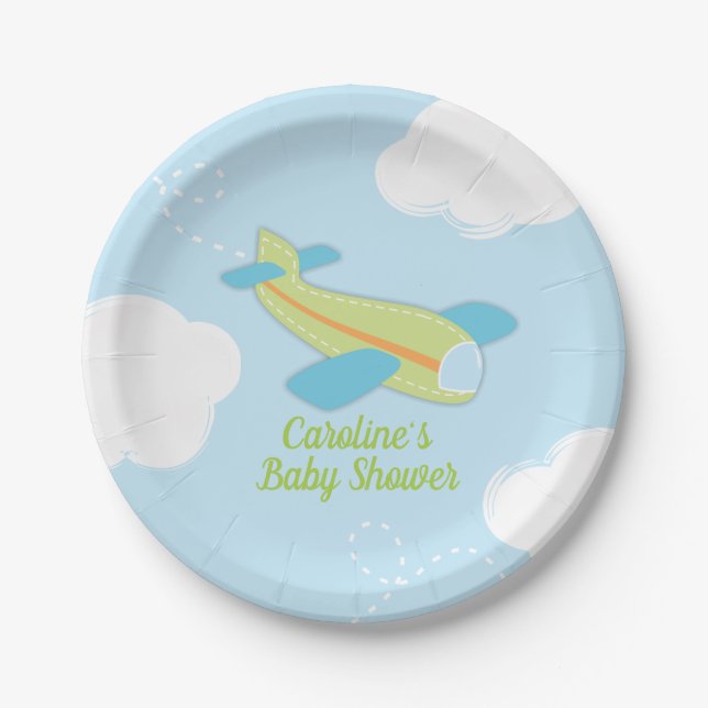 Retro Airplane Baby Shower in Blue and Green Paper Plate (Front)