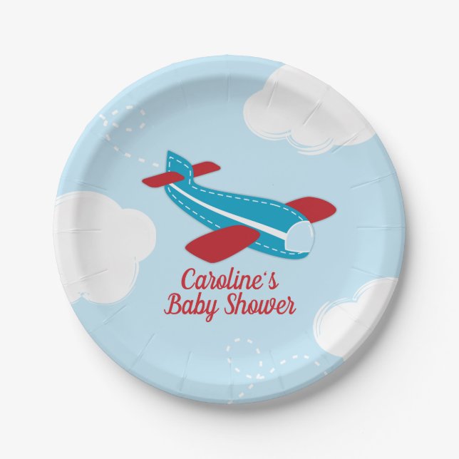 Retro Airplane Baby Shower in Red and Blue Paper Plate (Front)