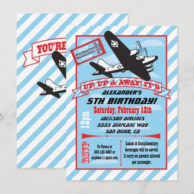 Retro Airplane Birthday Party Invitations (Front/Back)