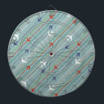 Retro Airplane Pattern Dart Board<br><div class="desc">Fasten your seatbelt. This Retro Airplane Pattern Dart Board is ready for takeoff. The design features lines of red, royal blue, and white, mid century modern airplanes flying across a steel blue background. Thin stripes of orange, lime green and grey, as well as lines of teal dots, add interest to...</div>