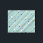 Retro Airplane Pattern Stretched Canvas Print<br><div class="desc">Fasten your seatbelt. This Retro Airplane Pattern Stretched Canvas Print is ready for takeoff. The design features lines of red, royal blue, and white, mid century modern airplanes flying across a steel blue background. Thin stripes of orange, lime green and grey, as well as lines of teal dots, add interest...</div>