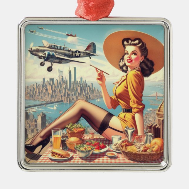 Retro Airplane Pin-up Illustration Metal Ornament (Front)