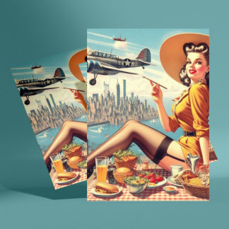 Retro Airplane Pin-up Illustration Postcard