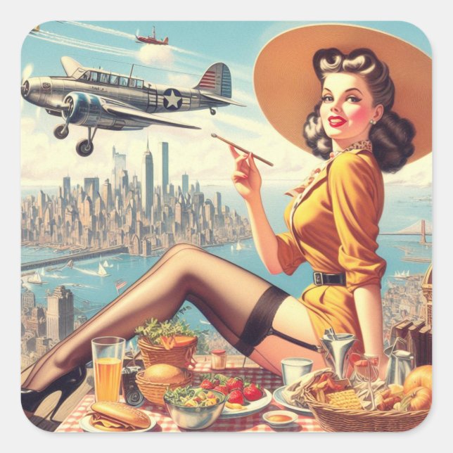 Retro Airplane Pin-up Illustration Square Sticker (Front)