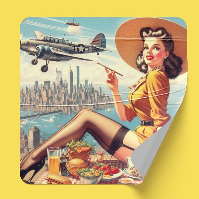 Retro Airplane Pin-up Illustration Square Sticker (Creator Uploaded)