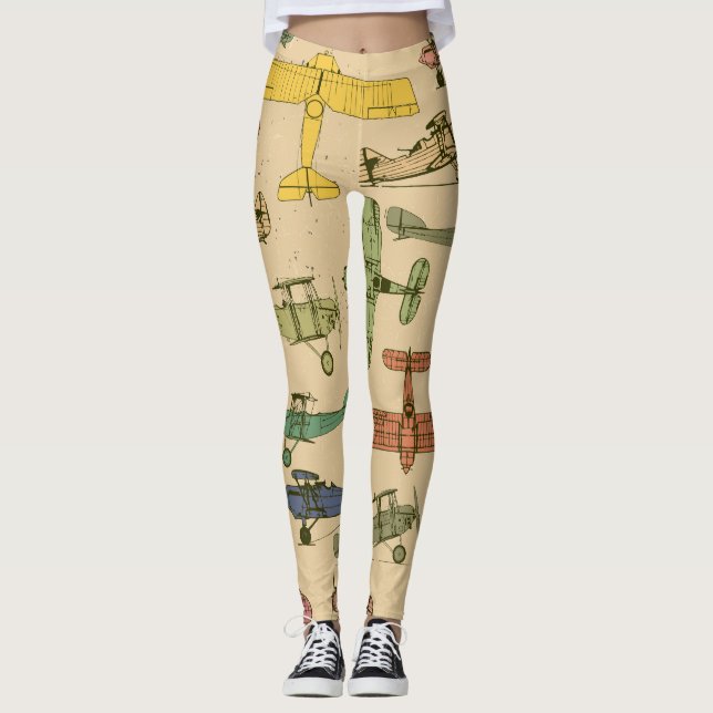 Retro Airplanes: Cracked Vintage Pattern. Leggings (Front)