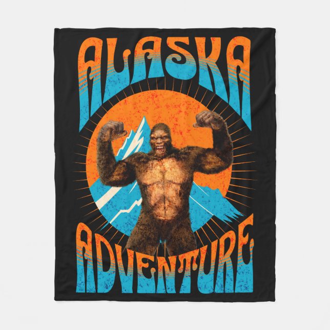 Retro Alaska Sasquatch Mountain Adventure Fleece Blanket (Front)