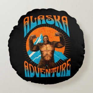 Retro Alaska Sasquatch Mountain Adventure Round Pillow