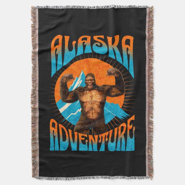 Retro Alaska Sasquatch Mountain Adventure Throw Blanket (Front Vertical)