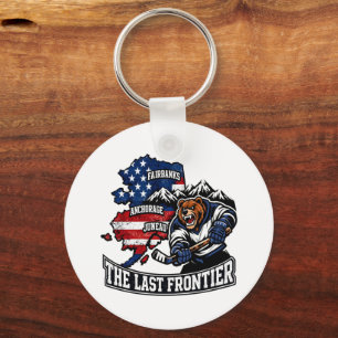 Retro Alaska The Last Frontier Ice Hockey Bear Map Keychain