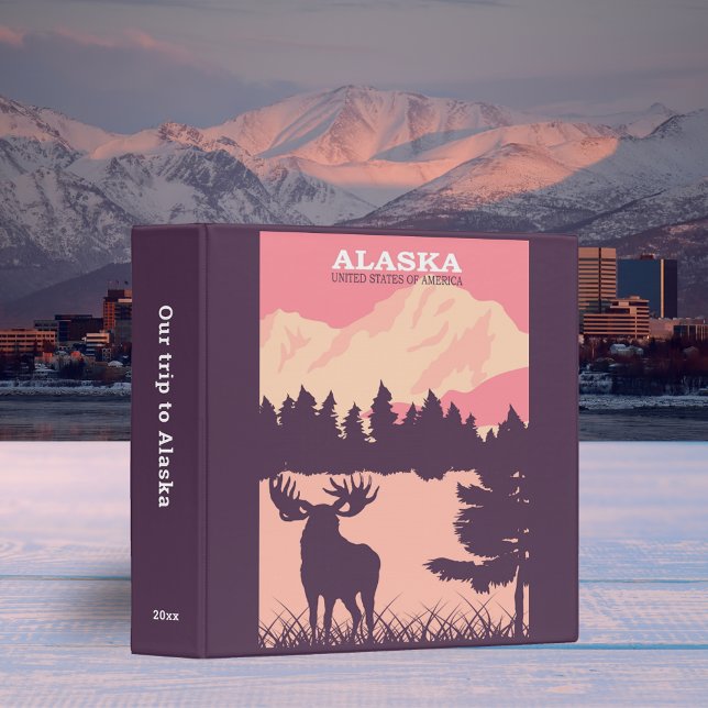 Retro Alaskan Moose Travel Poster Scrapbook Pink Binder (Creator Uploaded)