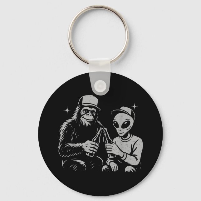 Retro Alien Bigfoot Cheers Funny Paranormal Drinki Keychain (Front)