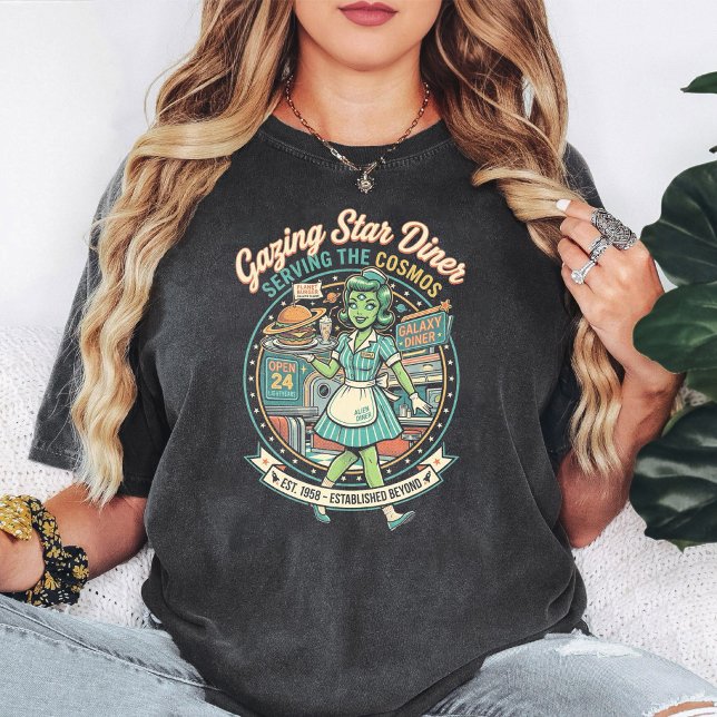 Retro Alien Diner Waitress Serving Burger T-Shirt (Creator Uploaded)