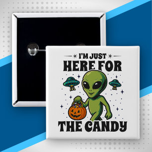 Retro Alien I'm Just Here for the Candy Halloween 2 Inch Square Button