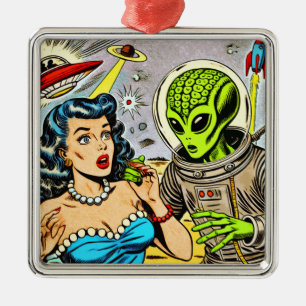 Retro Alien Science Fiction Comics Metal Ornament