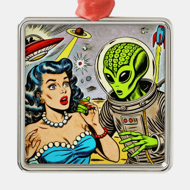 Retro Alien Science Fiction Comics Metal Ornament (Front)
