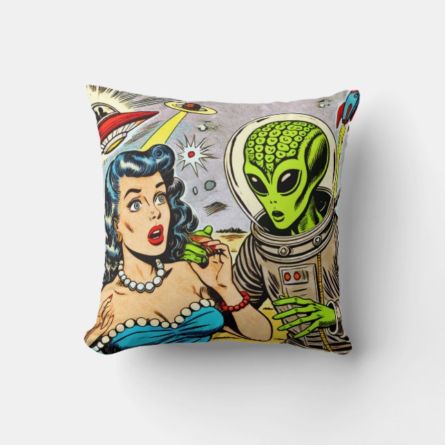Retro Alien Science Fiction Comics Throw Pillow (Front)