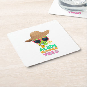 Retro Alien Summer Beach Vibes Square Paper Coaster