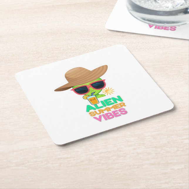 Retro Alien Summer Beach Vibes Square Paper Coaster (Angled)