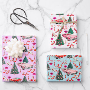 Retro "All I Want For Christmas" Pink White Blue  Wrapping Paper Sheet