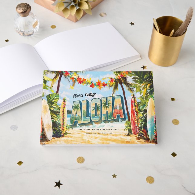 Retro Aloha Tropical Beach House Vacation Rental Guest Book (Front Open)