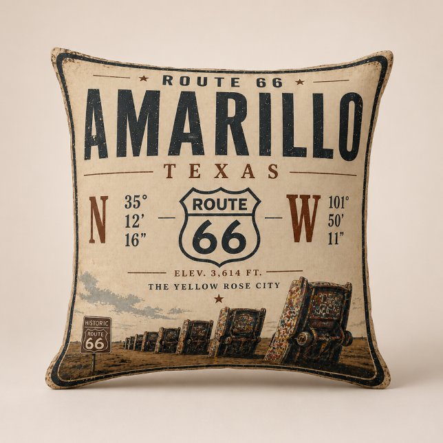 Retro Amarillo Route 66 Coordinates Throw Pillow (Creator Uploaded)