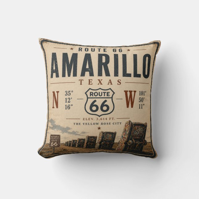 Retro Amarillo Route 66 Coordinates Throw Pillow (Front)