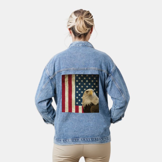 Retro American Bald Eagle USA Flag Womens Denim Jacket (Model)
