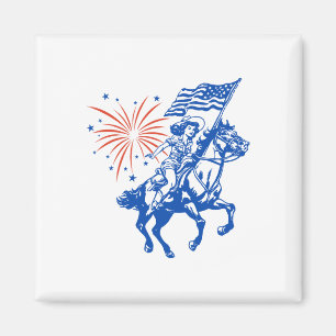 Retro American Cowgirl Horse 4th Of July Usa Flag  Magnet
