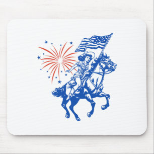Retro American Cowgirl Horse 4th Of July Usa Flag Mouse Pad