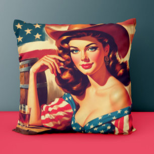 Retro American Cowgirl Pinup Throw Pillow