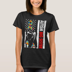 Retro American Flag Autism Big Sister Bear Awarene T-Shirt