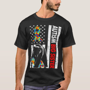 Retro American Flag Autism Big Sister Bear Awarene T-Shirt