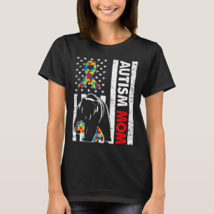 Retro American Flag Autism Mom Bear Awareness Fami T-Shirt