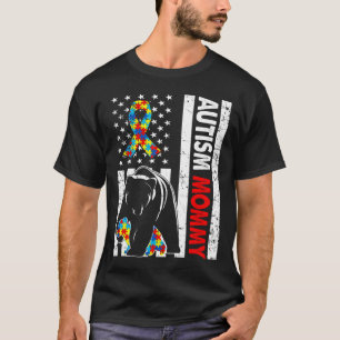Retro American Flag Autism Mommy Bear Awareness Fa T-Shirt