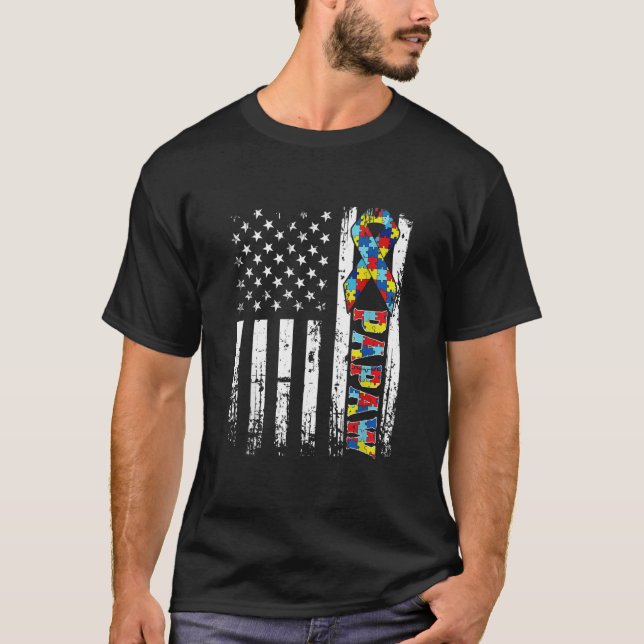 Retro American Flag Autism Papaw Awareness Autisti T-Shirt (Front)