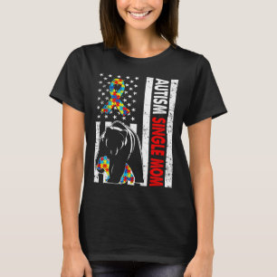 Retro American Flag Autism Single Mom Bear Awarene T-Shirt