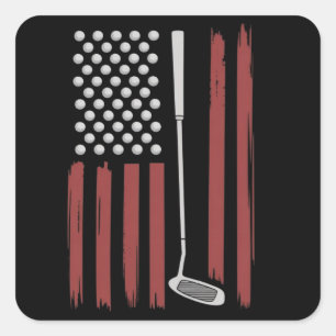 Retro American Flag Golf Golfer Funny Golf Club Square Sticker