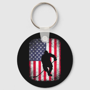 Retro American Flag Ice Hockey Sticks Player 4th Keychain